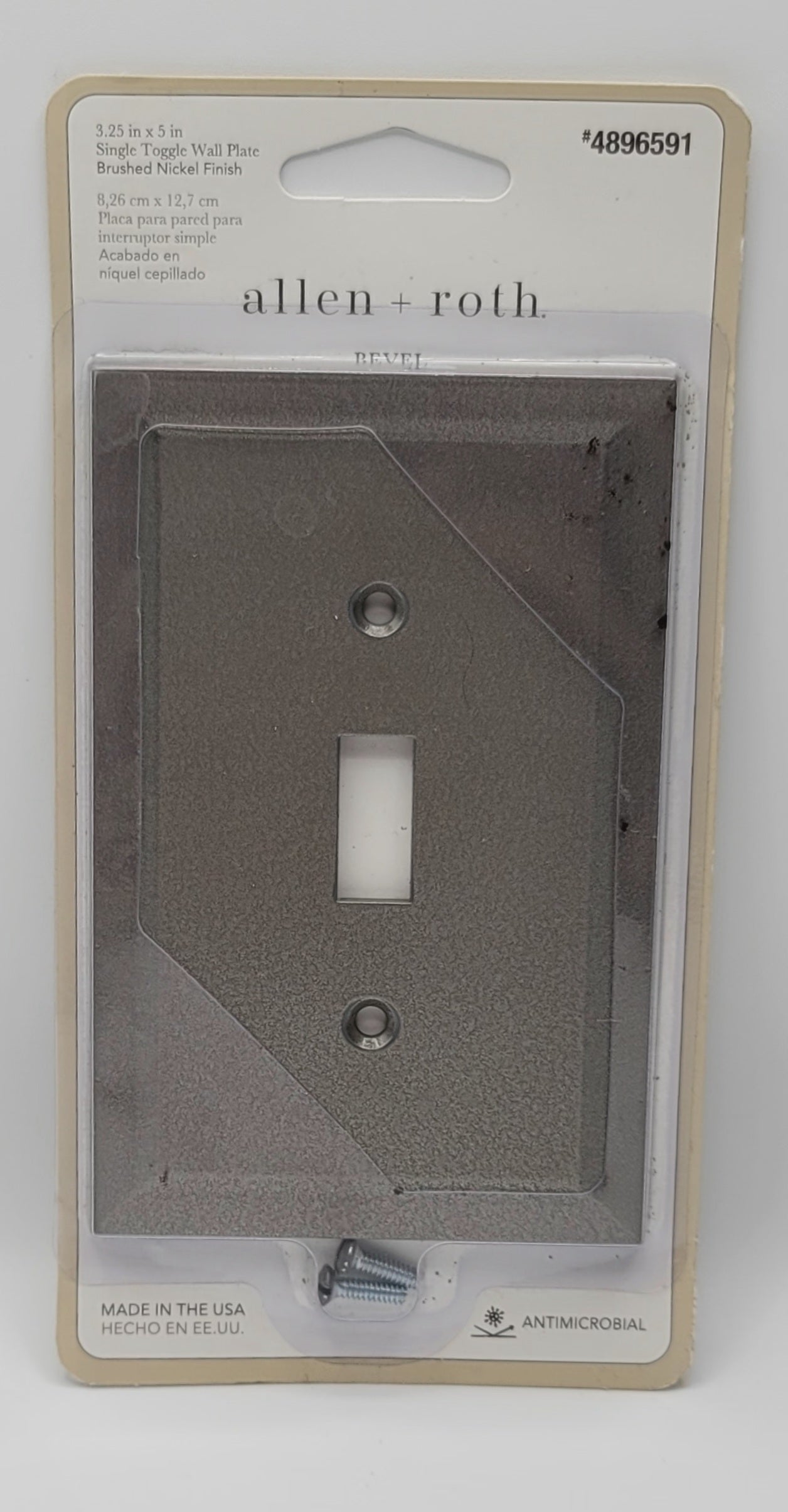 Allen Roth single light switch plate in a textured gray finish, packaged in its original retail blister card with a small mounting screw visible at the bottom.