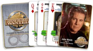 A set of playing cards themed around John Walsh's 'America's Best Bank' Western portrait, with the face card showing a portrait of John Walsh and other cards displaying 'WANTED' and suit icons.