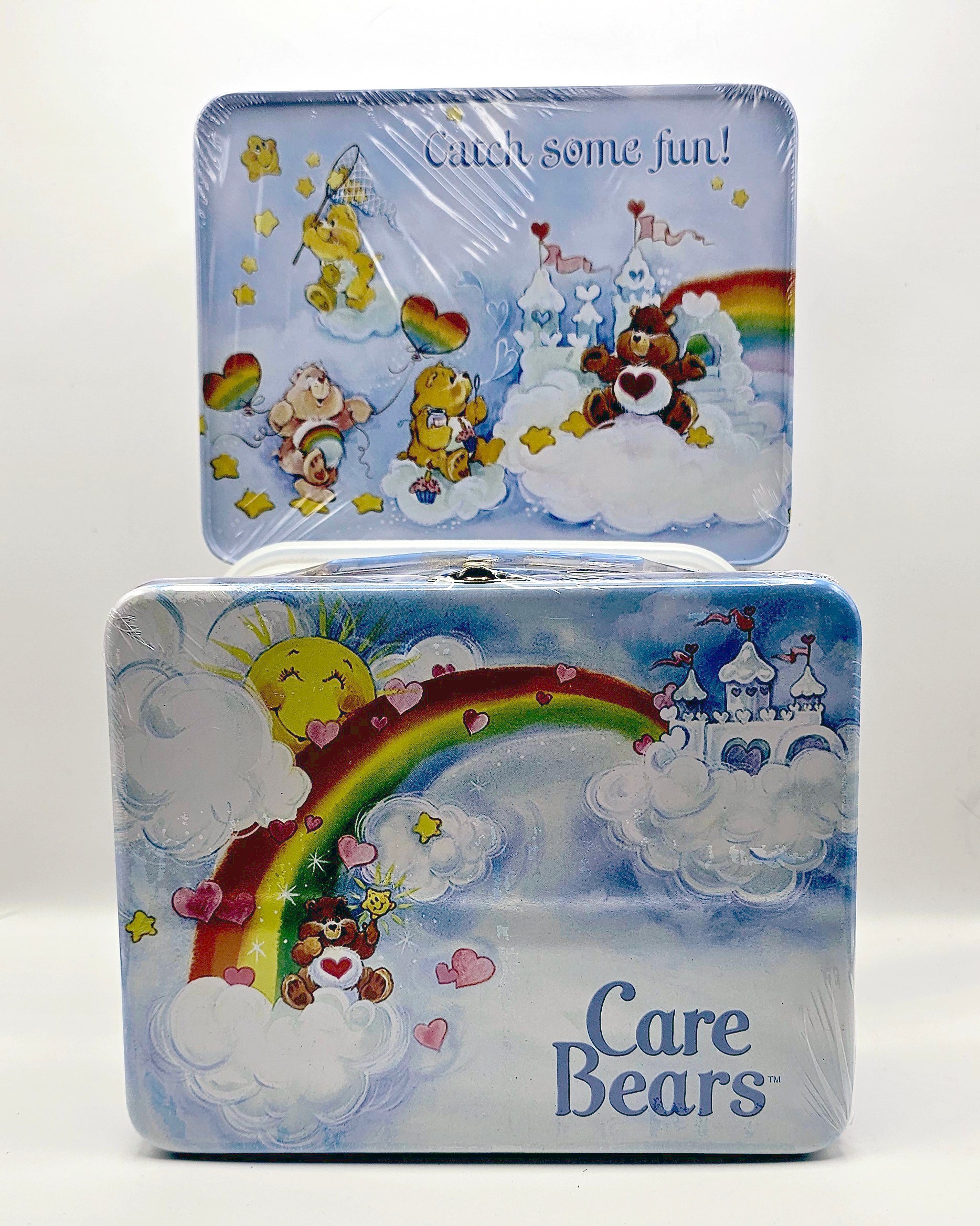 Care Bears rainbow square lunch box, colorful retro character collectible