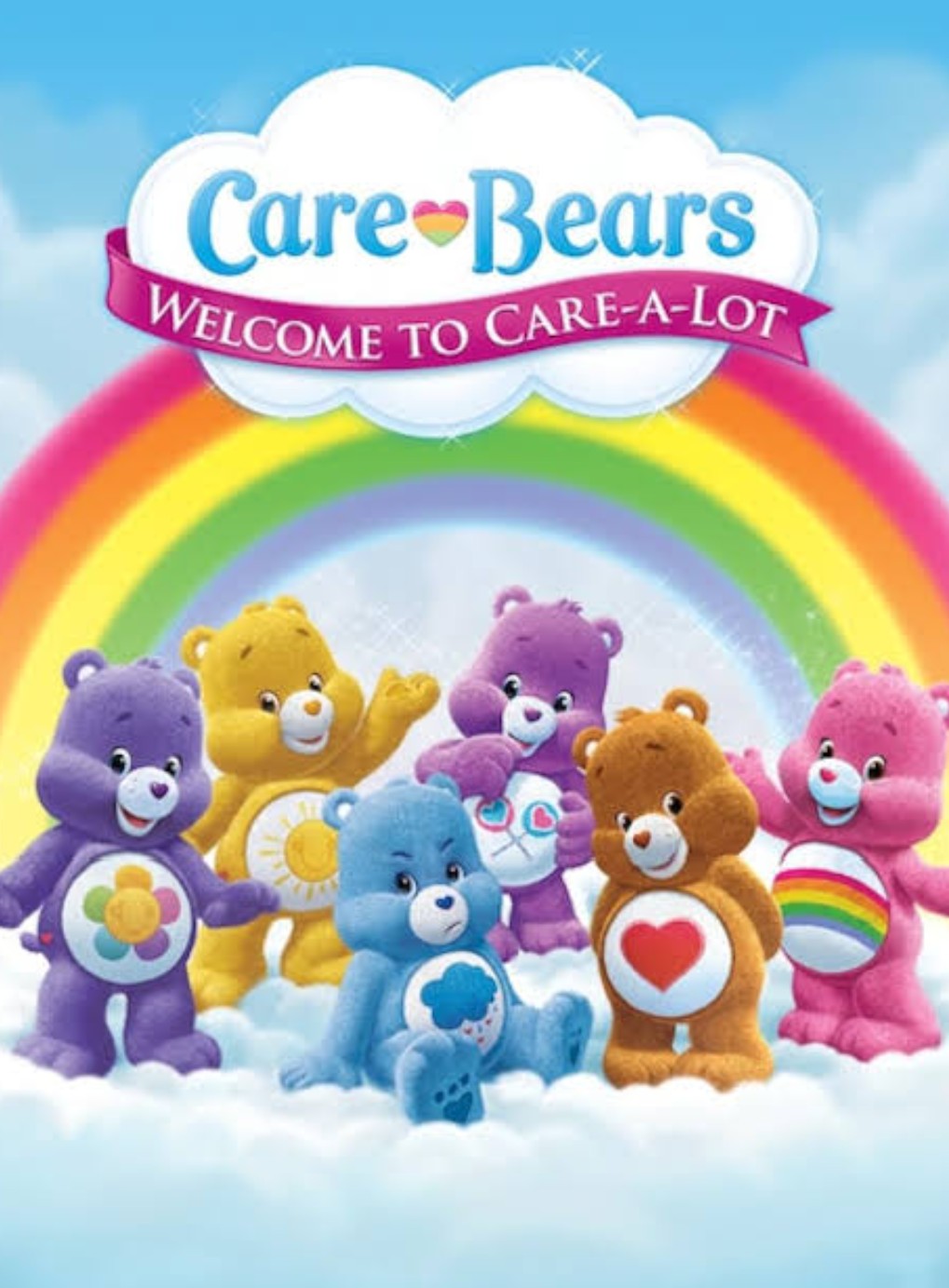 Care Bears 'Welcome to Care-A-Lot' cover art featuring six colorful bear characters standing on clouds beneath a rainbow, with the Care Bears logo at the top.