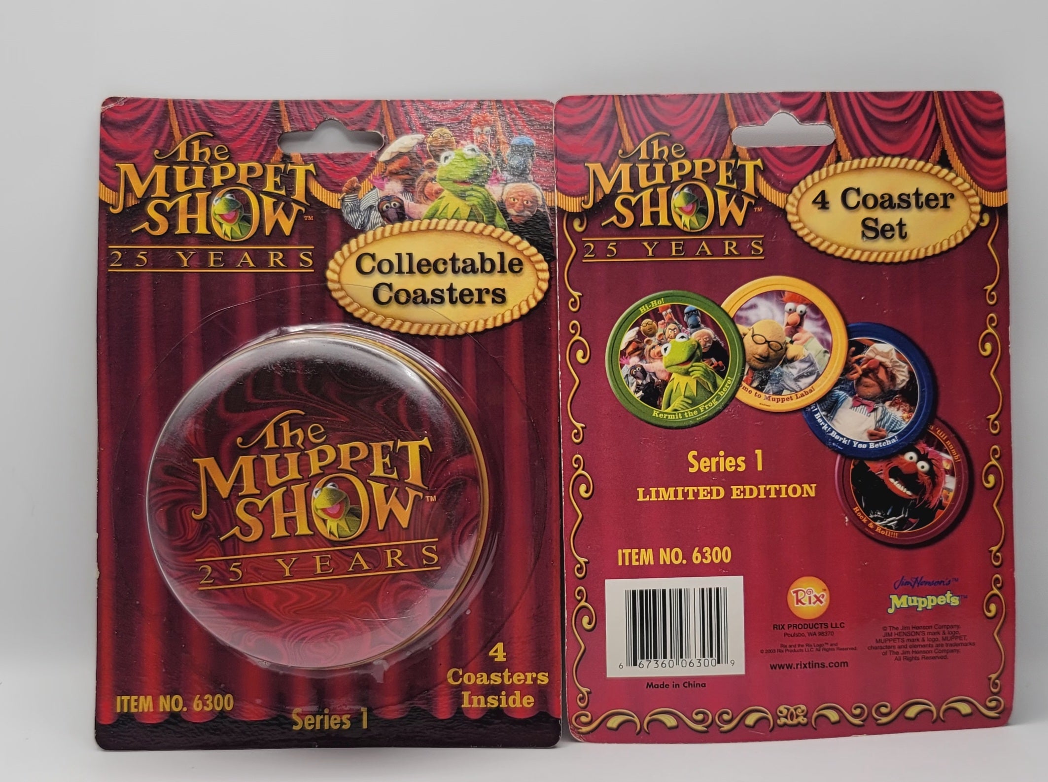 The Muppet Show 25 Years Collectable Coasters Series 1 limited edition set, shown in its original red packaging with both the front and back views visible.