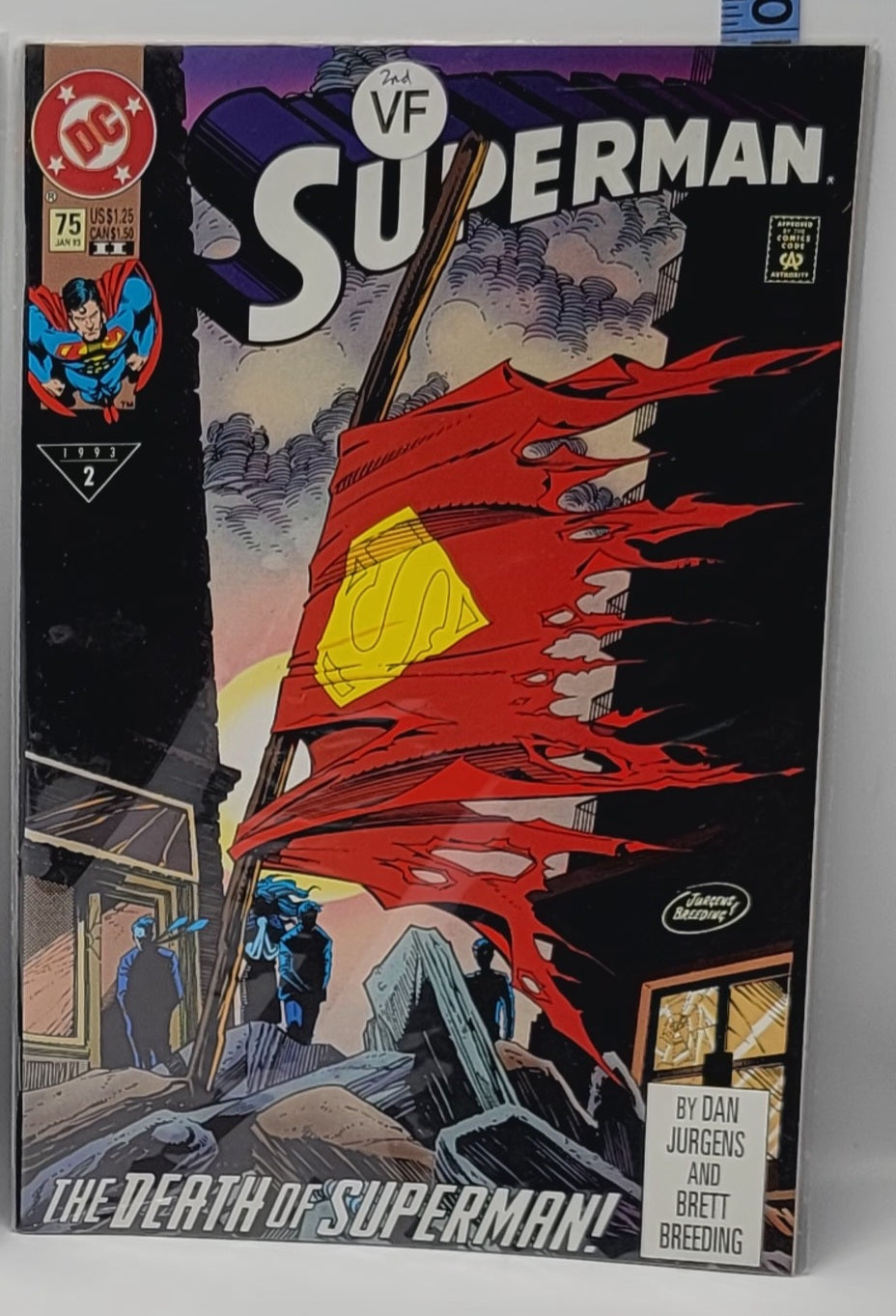 The Death of Superman comic book issue 75, January 1993 second printing newsstand edition, vintage DC collectible
