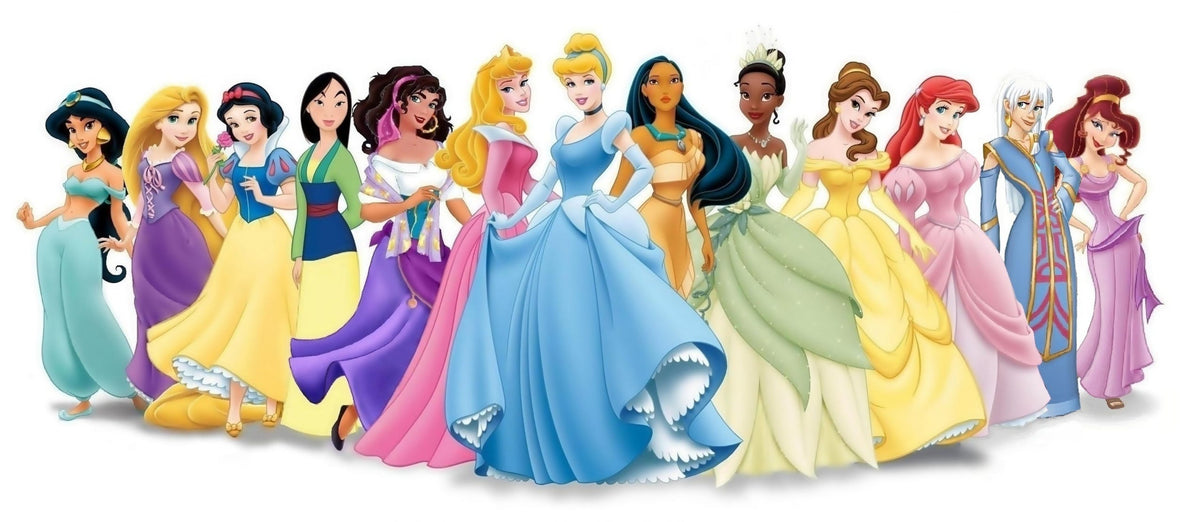 Illustration of Disney princesses in colorful dresses on a white background