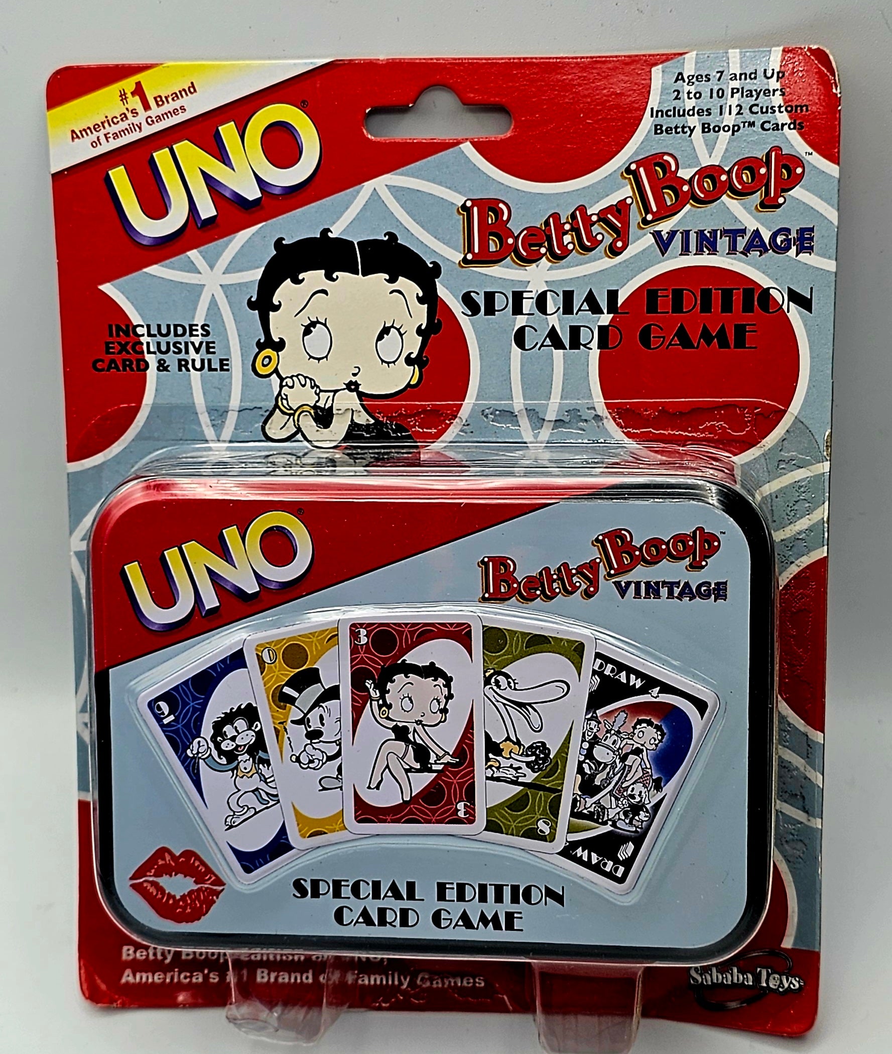 UNO Betty Boop Vintage Special Edition Card Game in its original blister packaging, featuring a red and silver card tin with Betty Boop illustrations and sample cards visible.