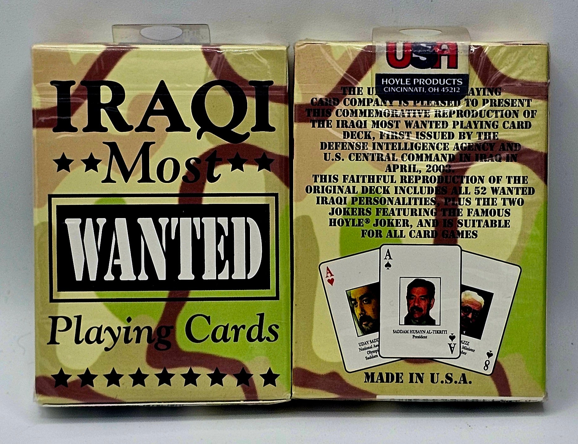 2003 Iraqi Most Wanted Playing Cards, Factory Sealed Hoyle USPC Military Identification Deck, front view