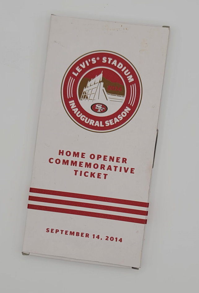 A commemorative ticket for Levi's Stadium Inaugural Season, dated September 14, 2014, printed on a white card with red text and stripes.