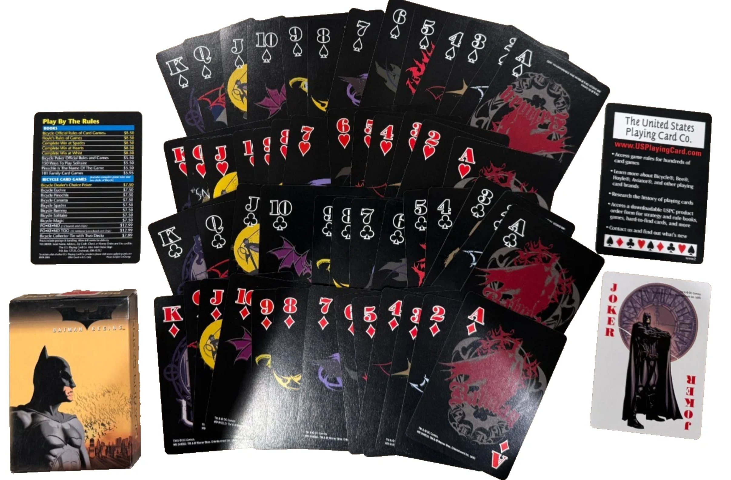 Batman-themed playing card deck set with a fanned arrangement of black playing cards showing red suit symbols and character artwork, plus the back of the deck, a Joker card, and a box on a white background.