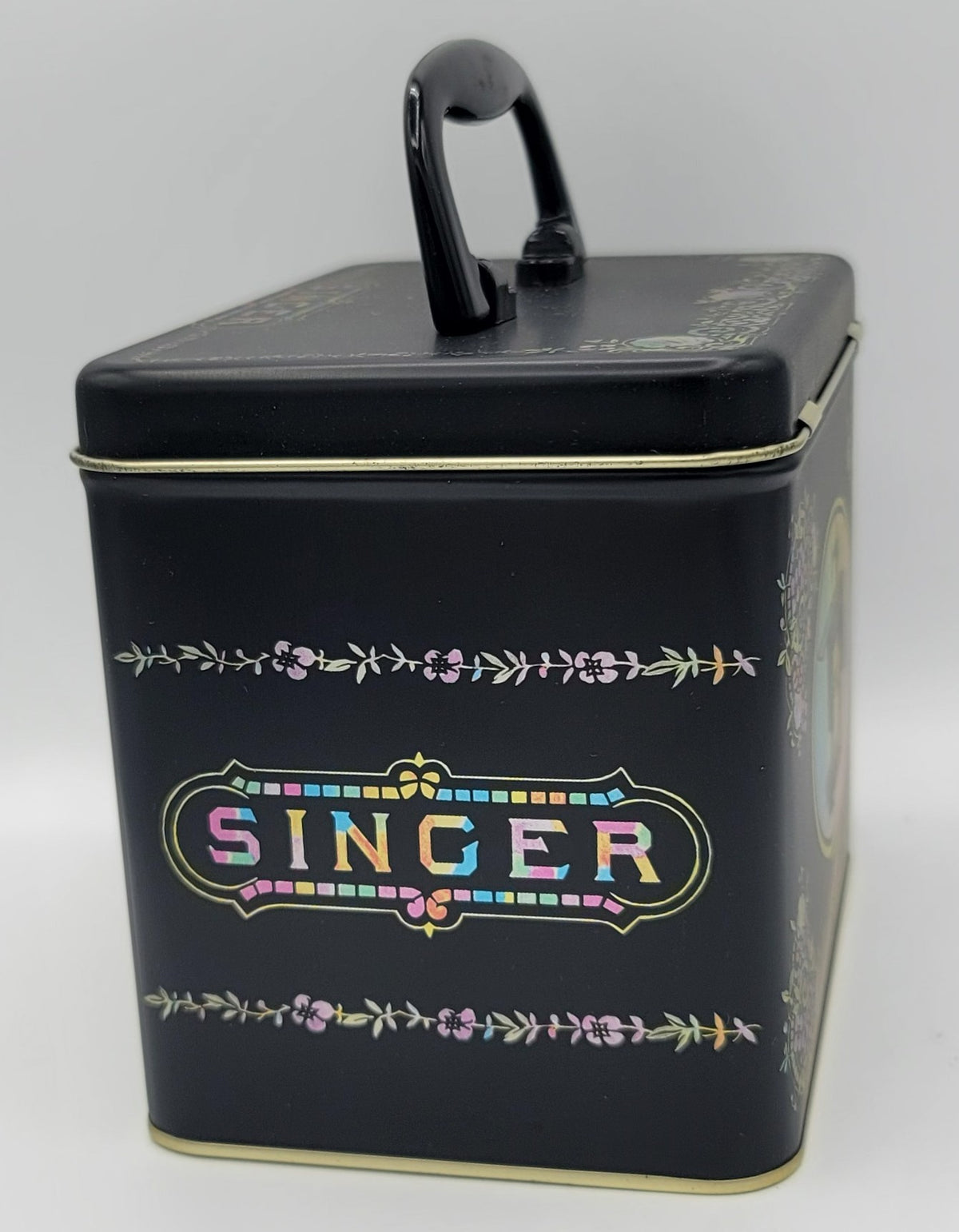 Singer Black Iridescent Floral Square Metal Keepsake Box