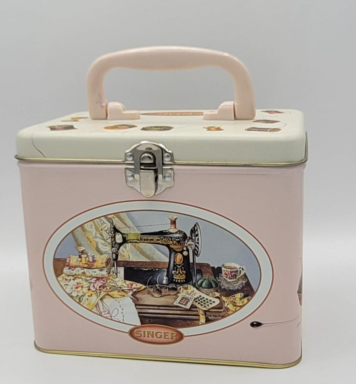 Singer Pink Roses Sewing Square Metal Keepsake Box