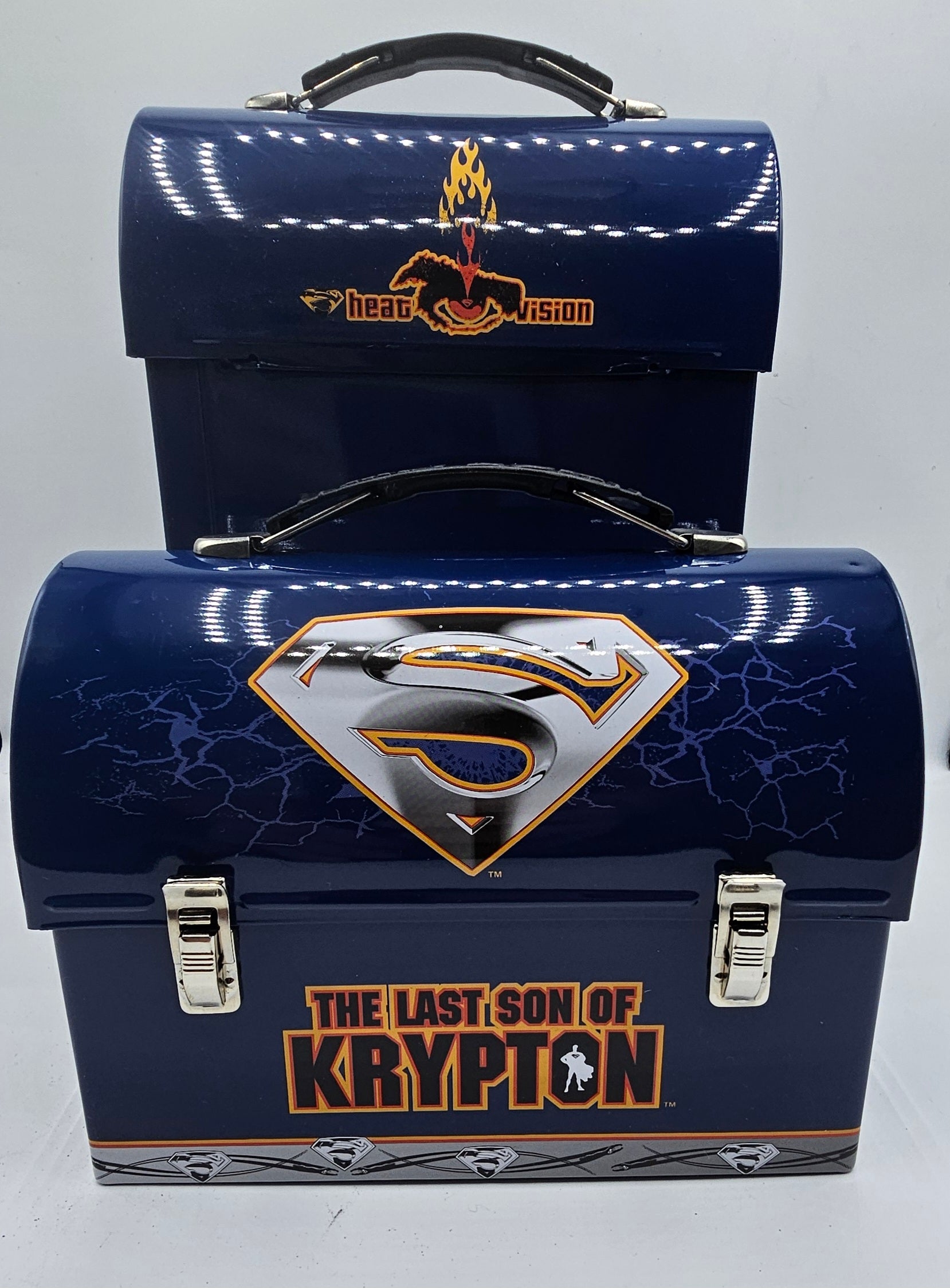 Two navy blue metal toolboxes stacked together, featuring the 'Krypton' logo and 'The Last Son of Krypton' branding, with silver latches and black handles.