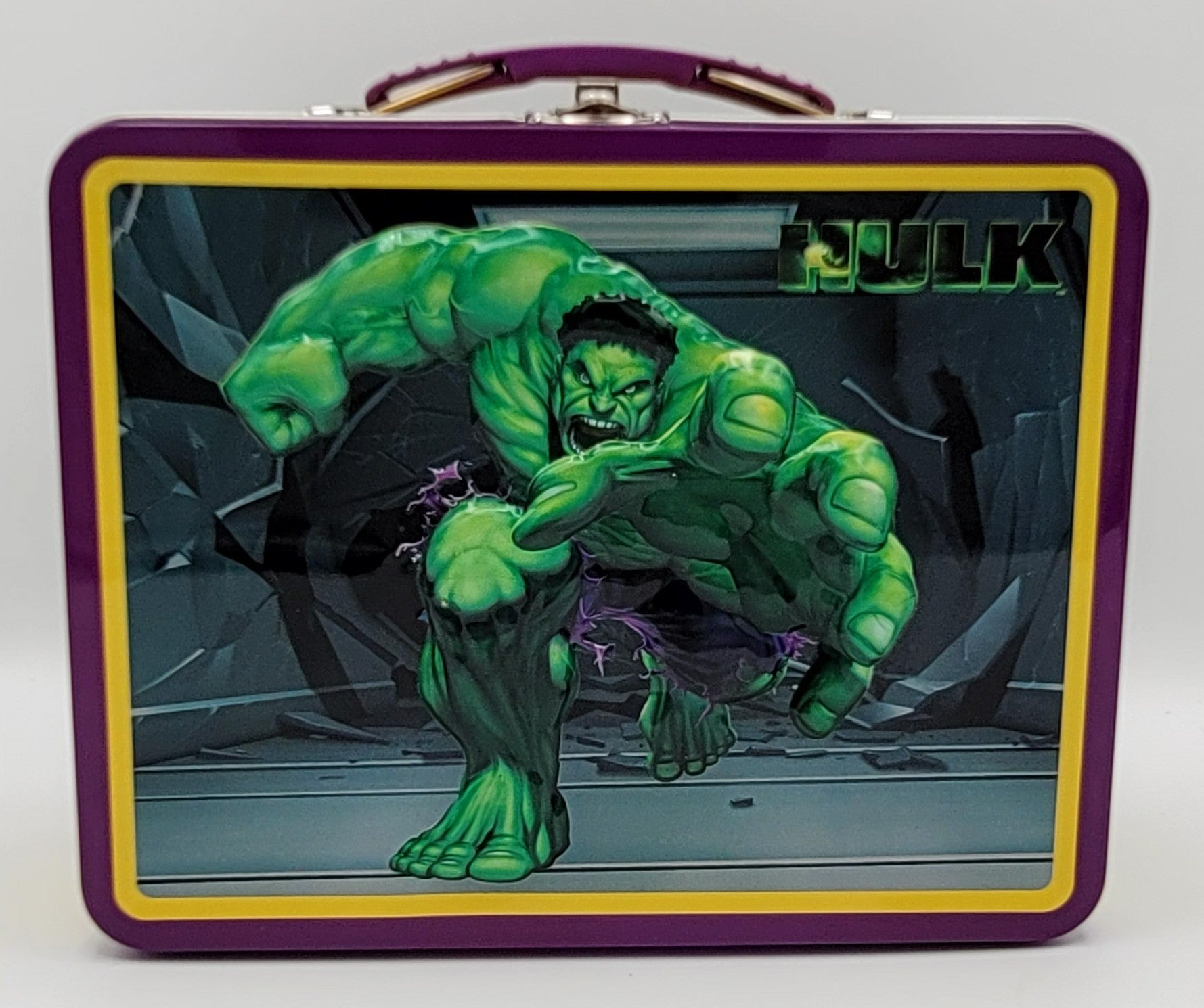 Hulk Corridor Embossed Square Metal Lunch Box, Marvel Superhero Collector Carry Case, packaging view