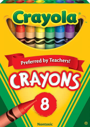 Front of a Crayola Crayons box showing the brand name, a window with visible crayons, a red banner reading 'Preferred by Teachers!', large 'CRAYONS' text, and '8' on a yellow background with green side panels.