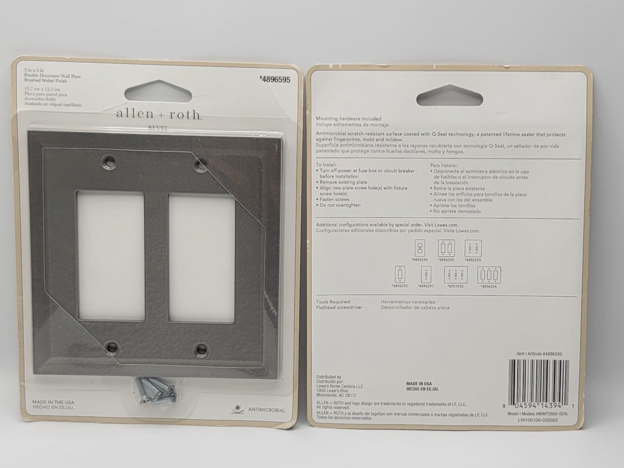 Allen-Roth double-gang light switch plate in a dark gray textured finish, shown in its original retail packaging with both the front and back of the card visible.
