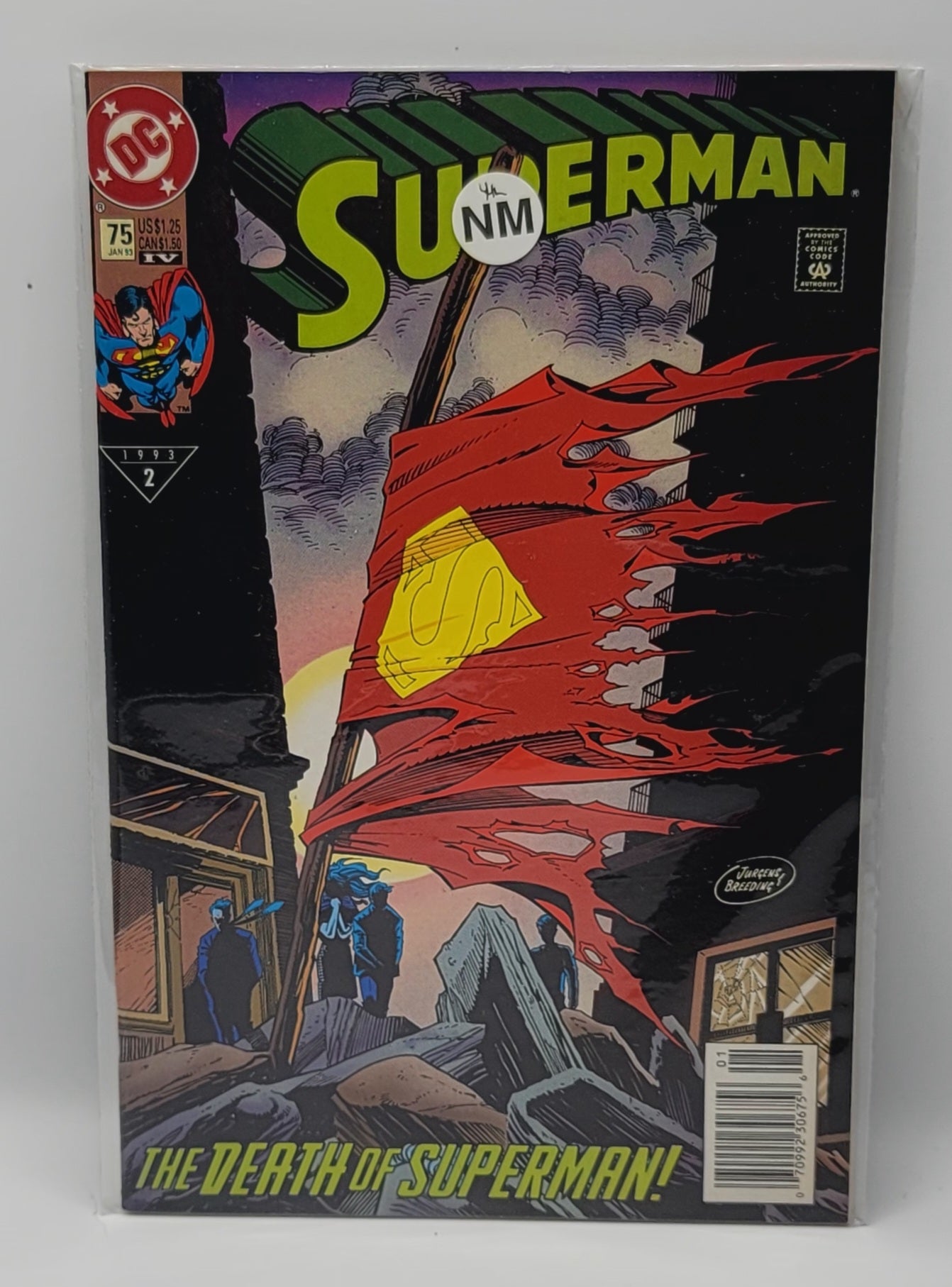 The Death of Superman comic book issue 75, January 1993 fourth printing newsstand edition, vintage DC collectible