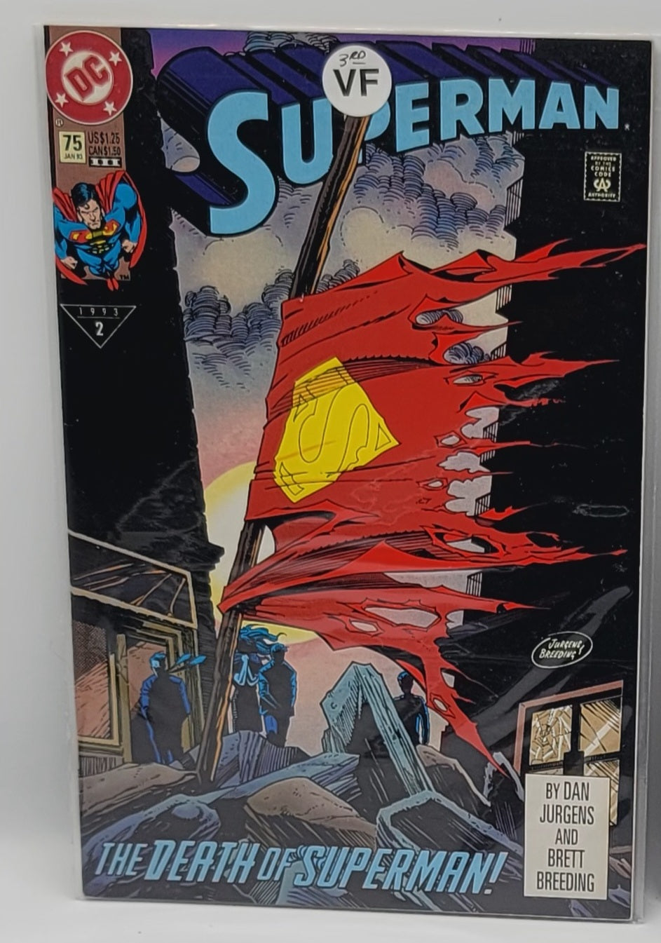The Death of Superman comic book issue 75, January 1993 third printing newsstand edition, vintage DC collectible