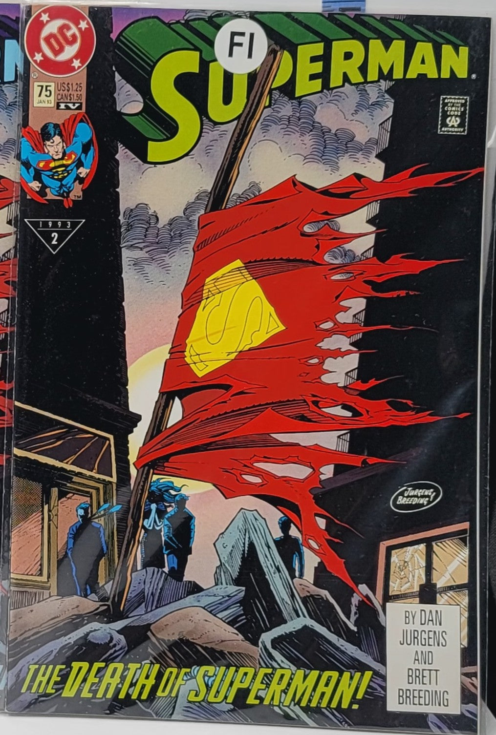 The Death of Superman comic book issue 75, January 1993 fourth printing newsstand edition vintage DC collectible