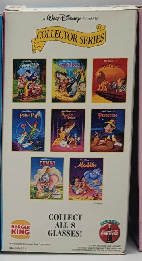A boxed Walt Disney Classic Collector Series set of 8 glasses, featuring colorful movie cover art on the front of the packaging.