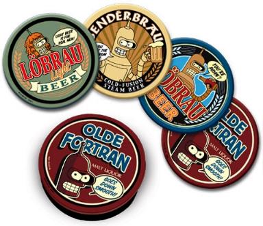 Five round beer-themed coasters featuring characters and logos from Futurama, including Lobotron, Bender, and Olde Fortran, arranged on a white background.