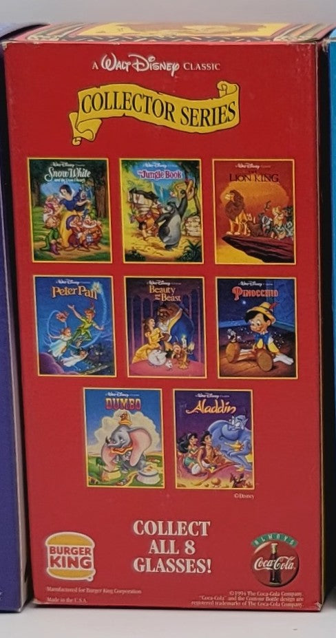 A red Walt Disney Classic Collector Series box featuring illustrations of eight classic animated films, with Burger King and Coca-Cola logos at the bottom.