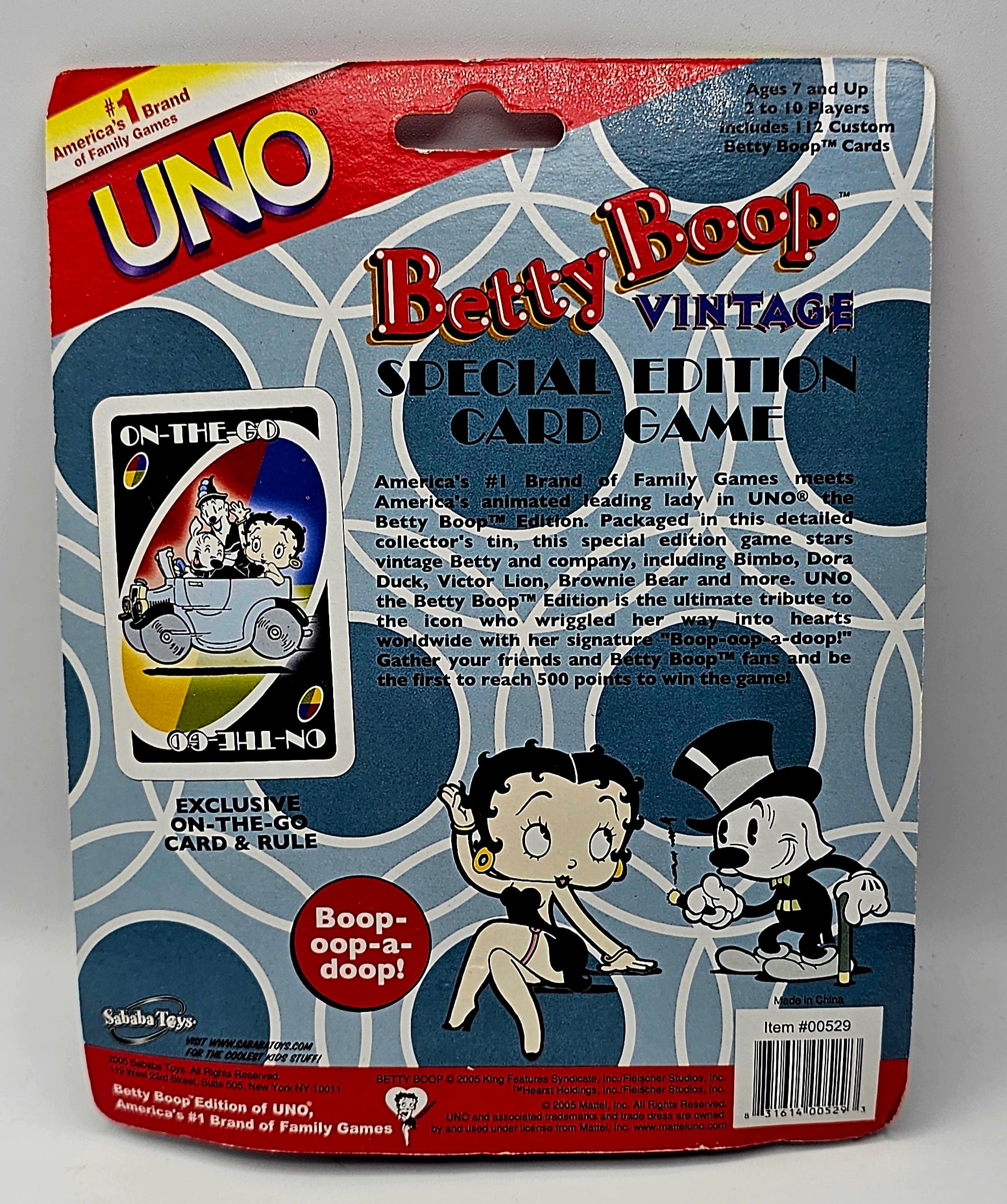 UNO Betty Boop Vintage Special Edition Card Game in its original retail blister packaging, featuring cartoon illustrations of Betty Boop and Daffy Duck.