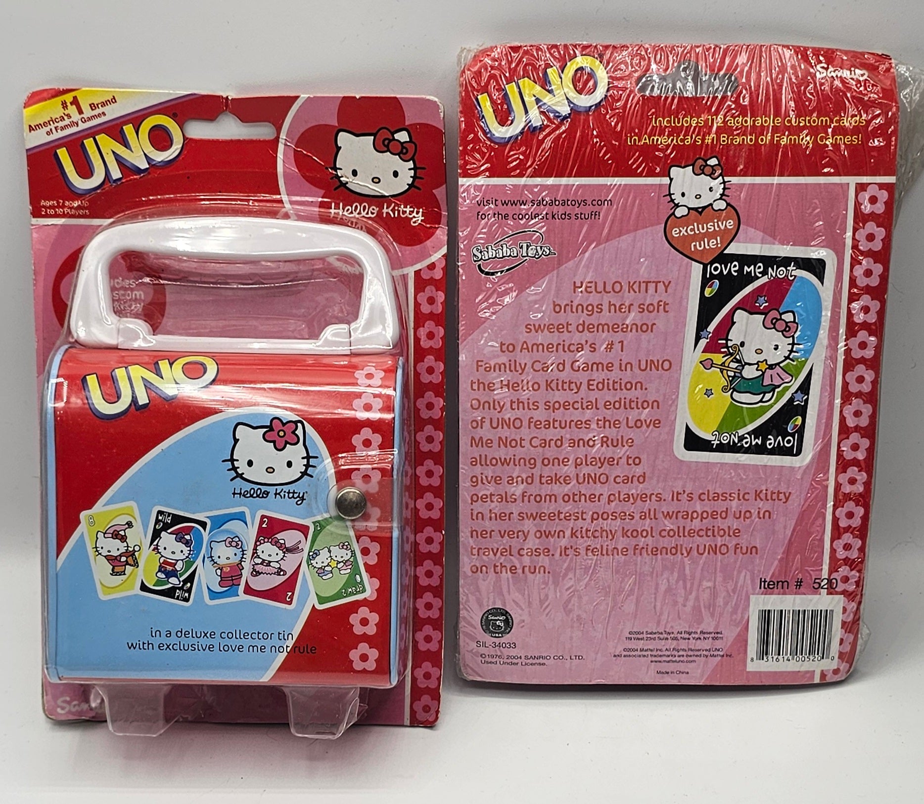 Hello Kitty Special Edition UNO Card Game, 2004 Factory Sealed Metal Carry Case, front view