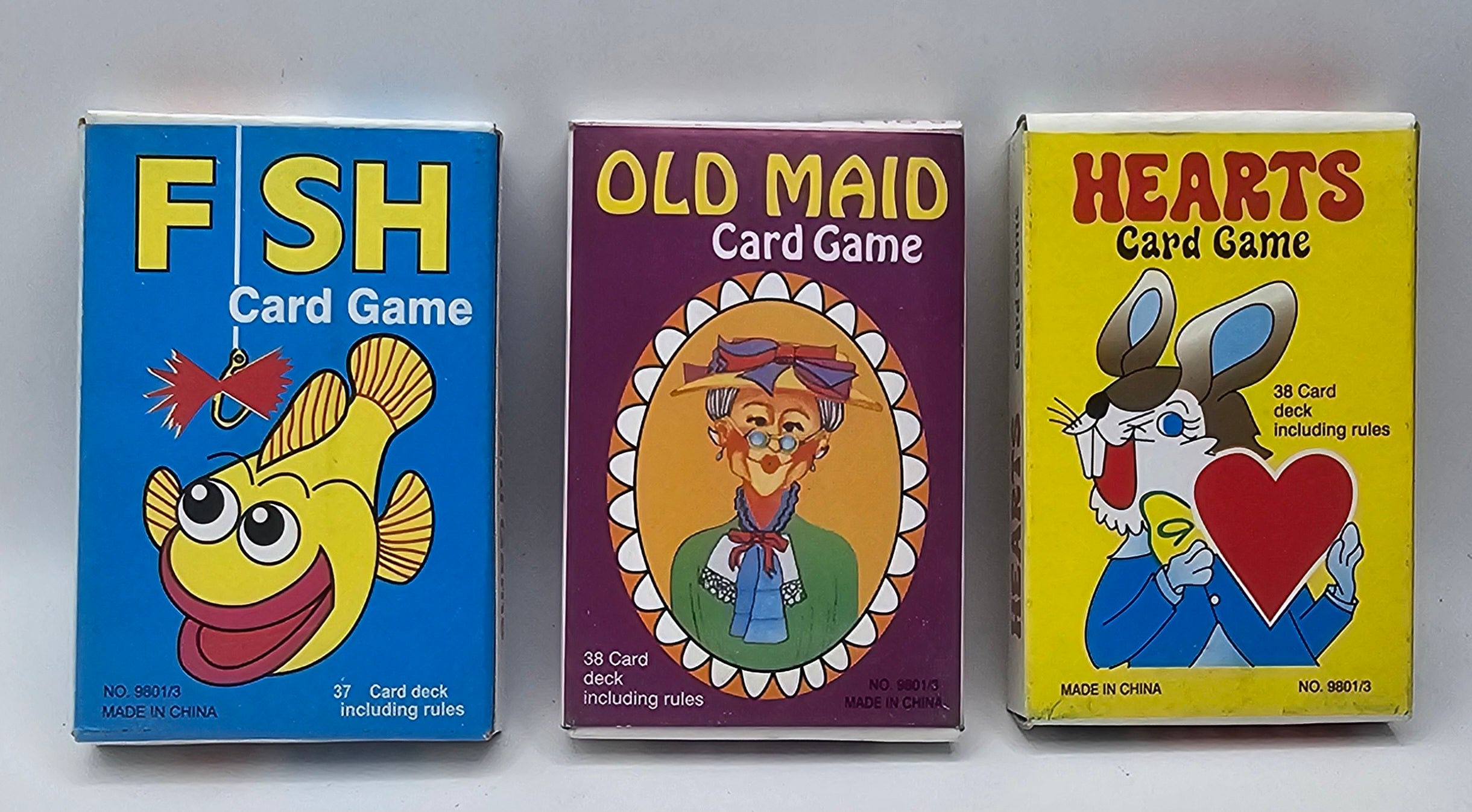 Kids Card Games Set, Go Fish, Old Maid & Hearts, New in Box - Vintage 1990s, front view