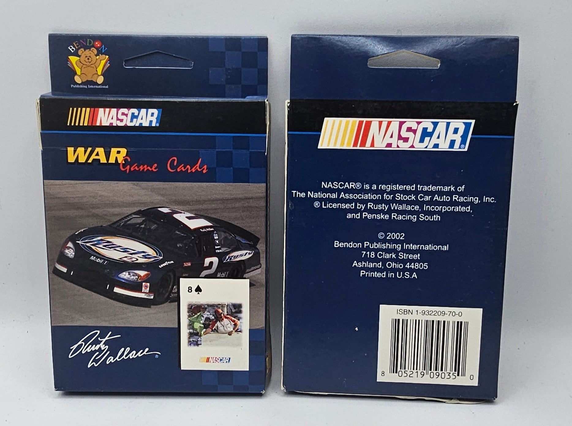 NASCAR War Game Cards product packaging showing the front and back of the blue card deck box on a light gray background.
