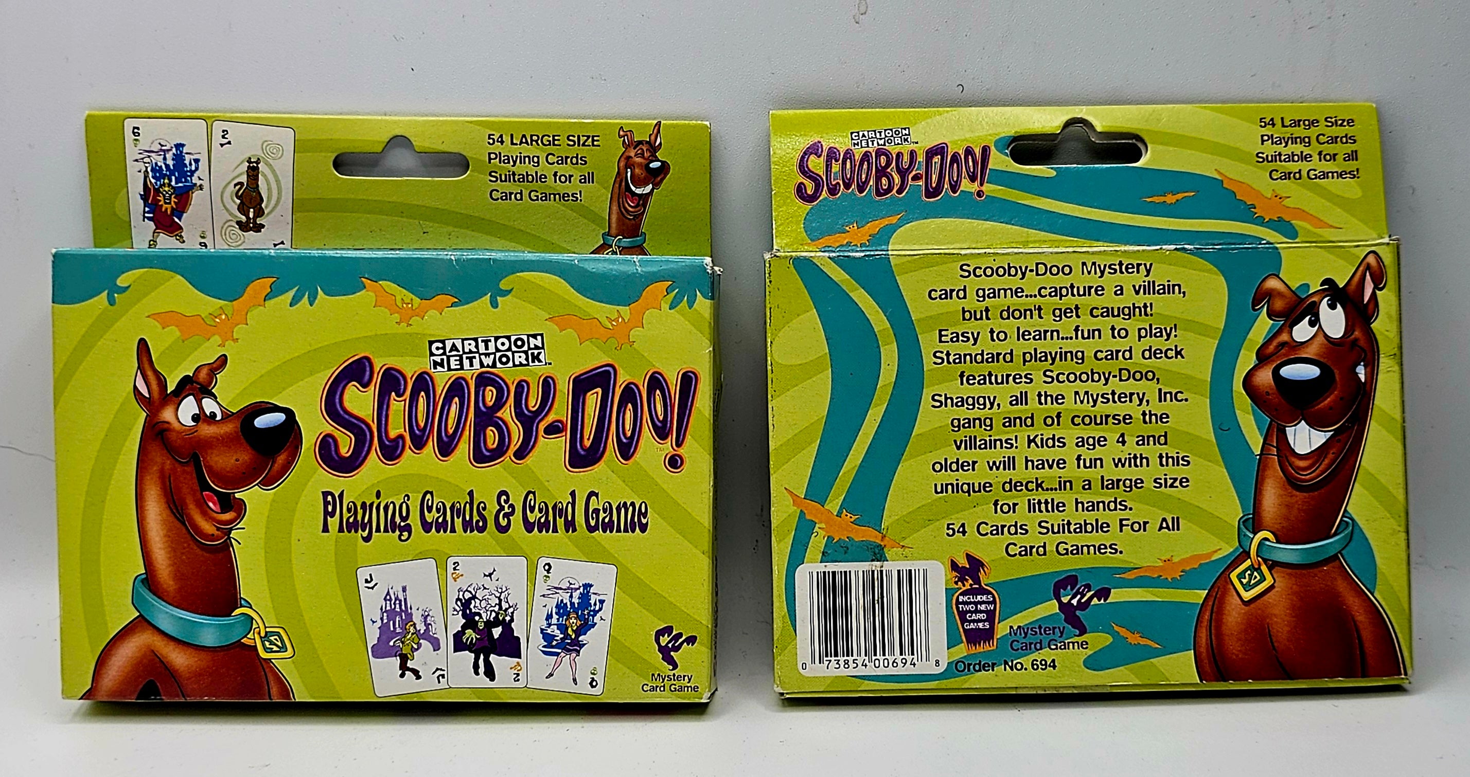 Scooby-Doo! Playing Cards & Card Game retail box shown front and back on a light gray background. The packaging features Scooby-Doo cartoon artwork and product details.