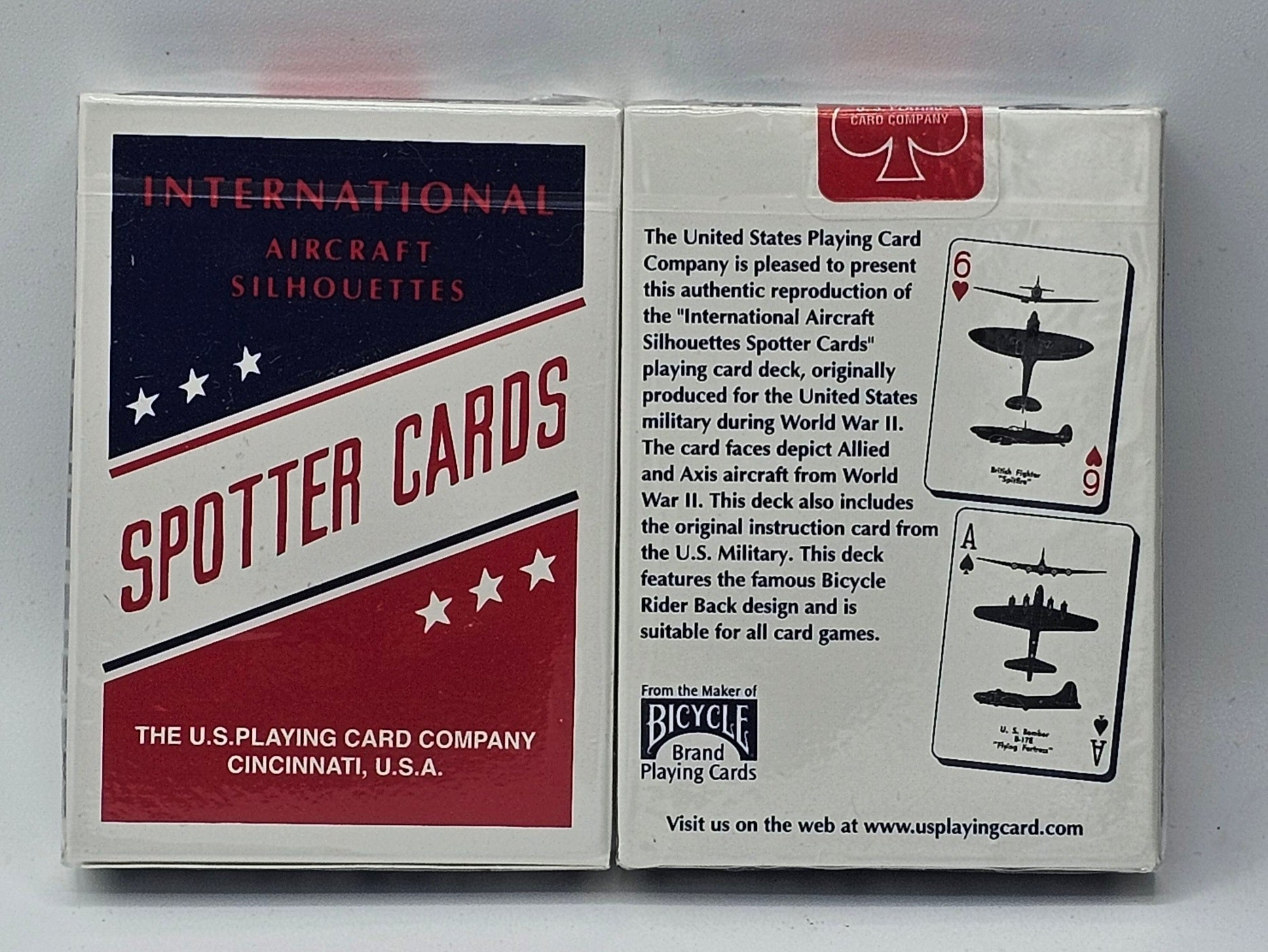 International Aircraft Silhouettes Spotter Cards playing card deck box shown front and back on a white background. The front features a navy, red, and white design with the title 'SPOTTER CARDS' and aircraft silhouettes.