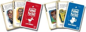 A set of playing cards titled 'Plucking Politics' shown in three color variants: red, yellow, and blue. The cards feature various illustrated political figures and text such as 'Last Word' and 'First Word'.