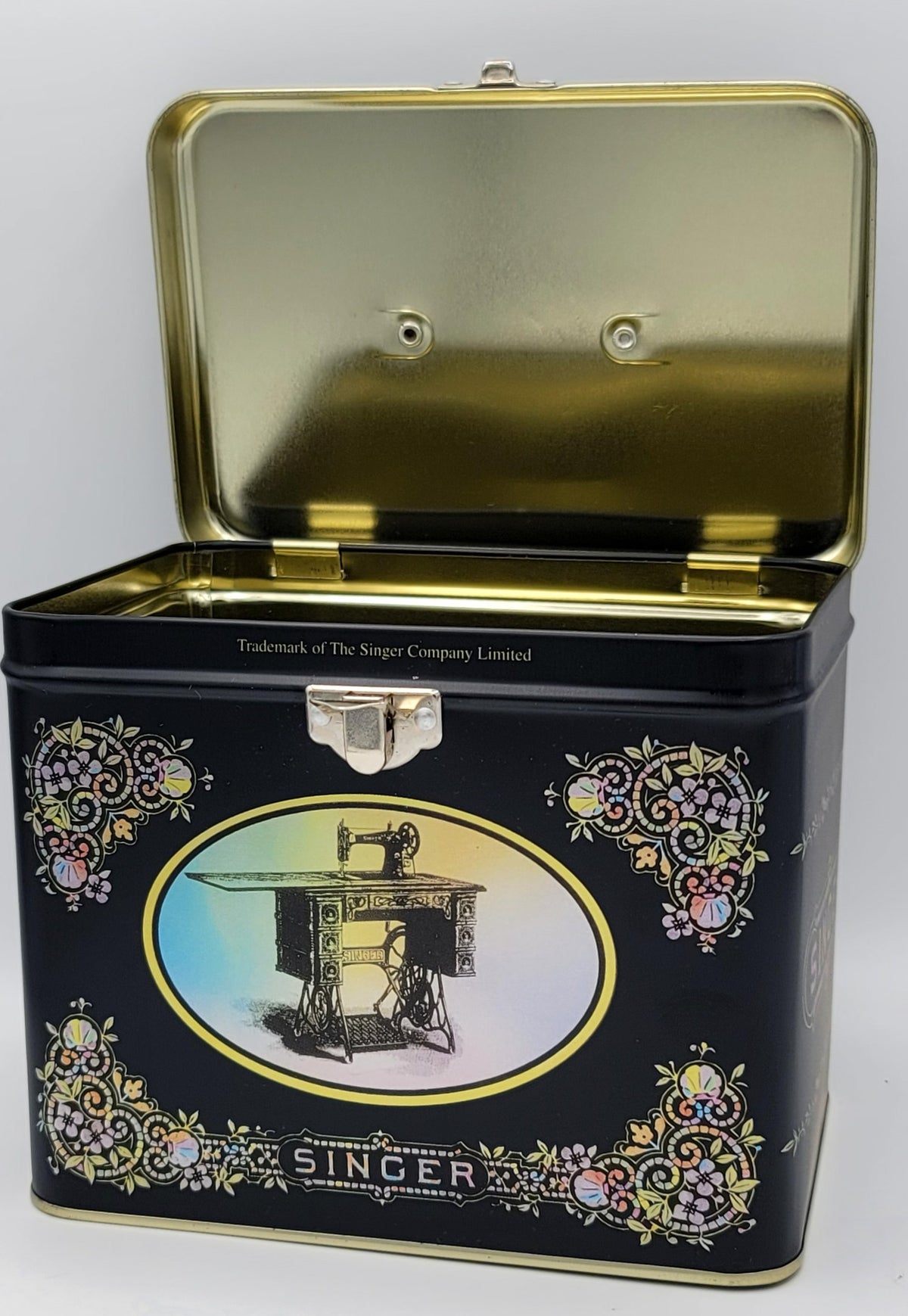 Singer Black Iridescent Floral Square Metal Keepsake Box
