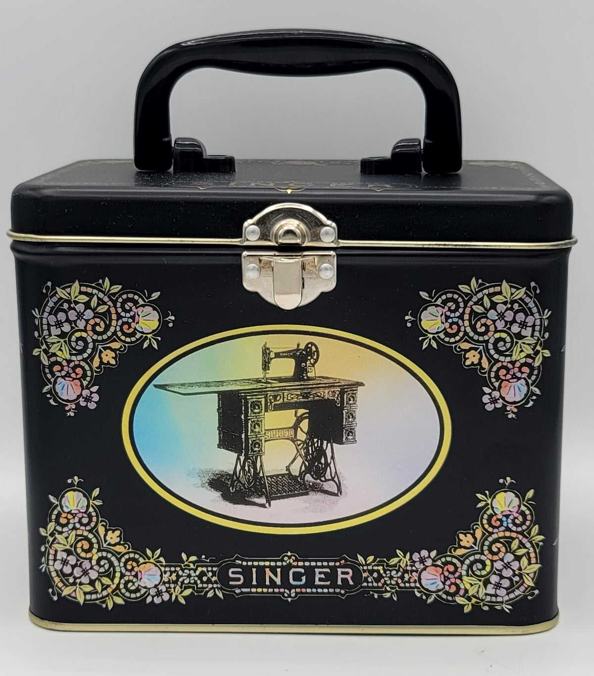 Singer Black Iridescent Floral Square Metal Keepsake Box