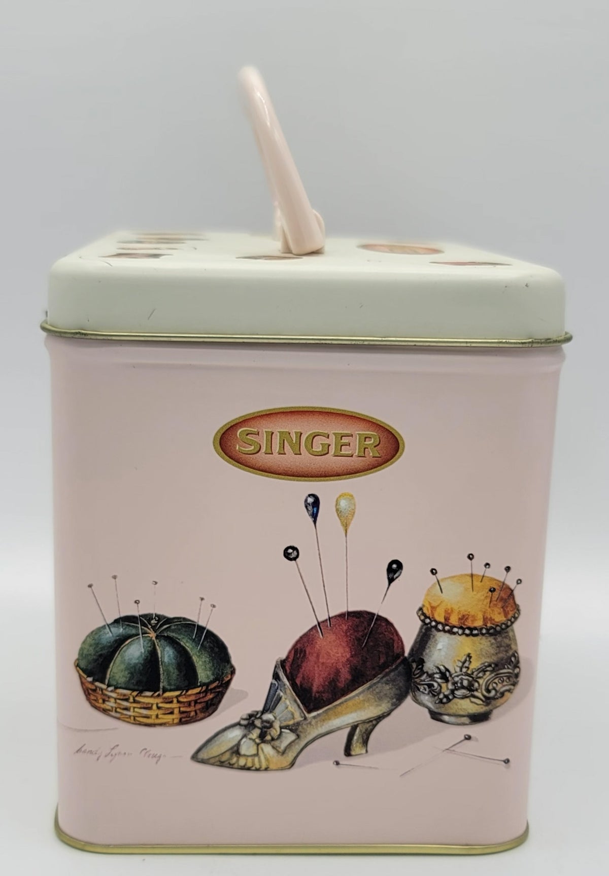 Singer Pink Roses Sewing Square Metal Keepsake Box