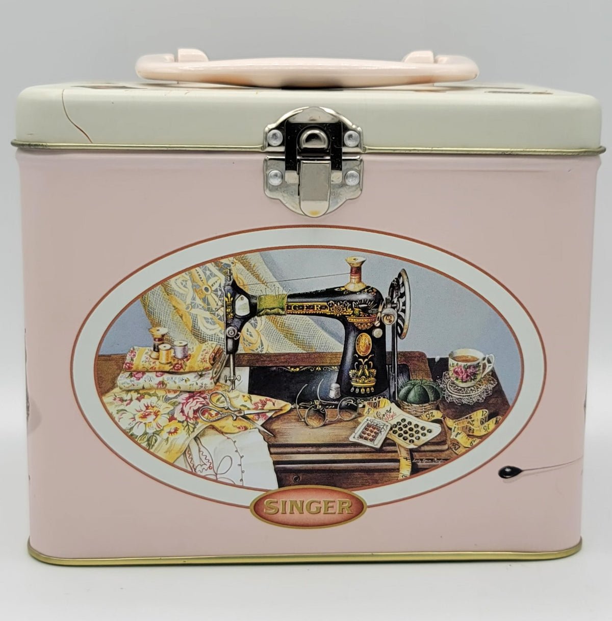 Singer Pink Roses Sewing Square Metal Keepsake Box