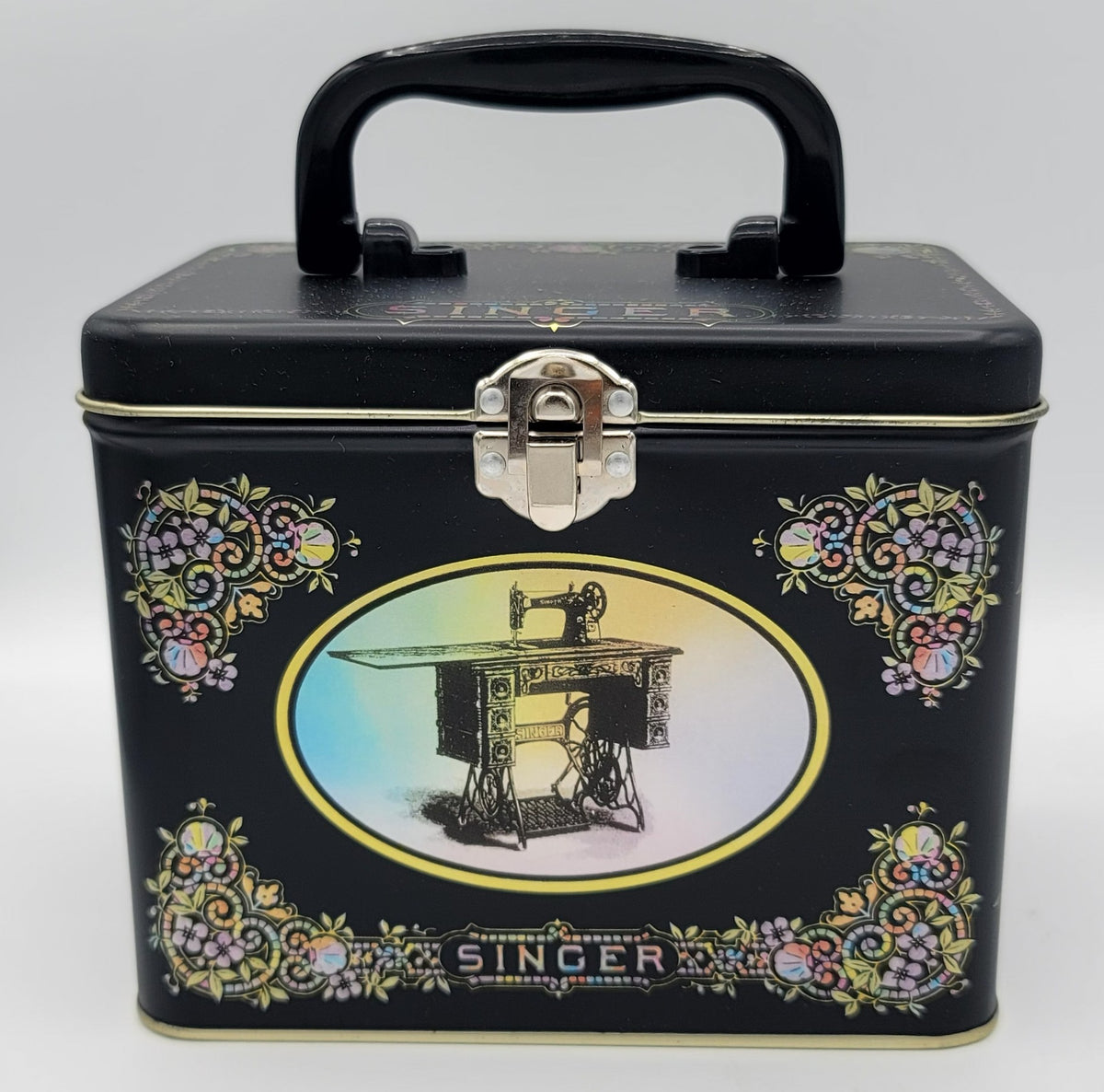 Singer Black Iridescent Floral Square Metal Keepsake Box