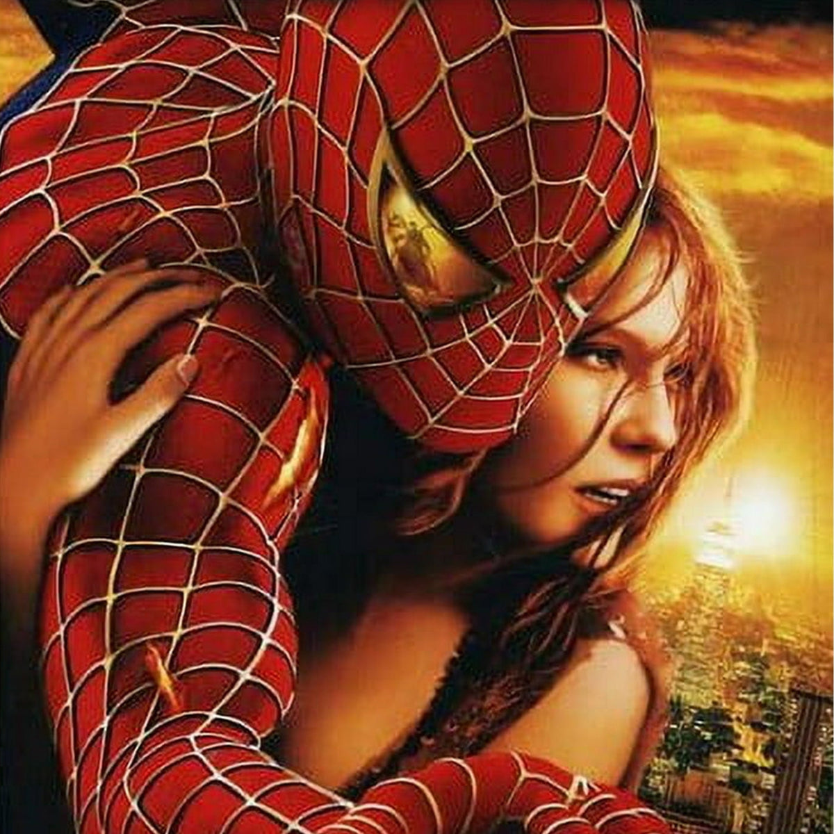 'Spider-Man 2' with Spider-Man hugging MaryJane against a cityscape background.