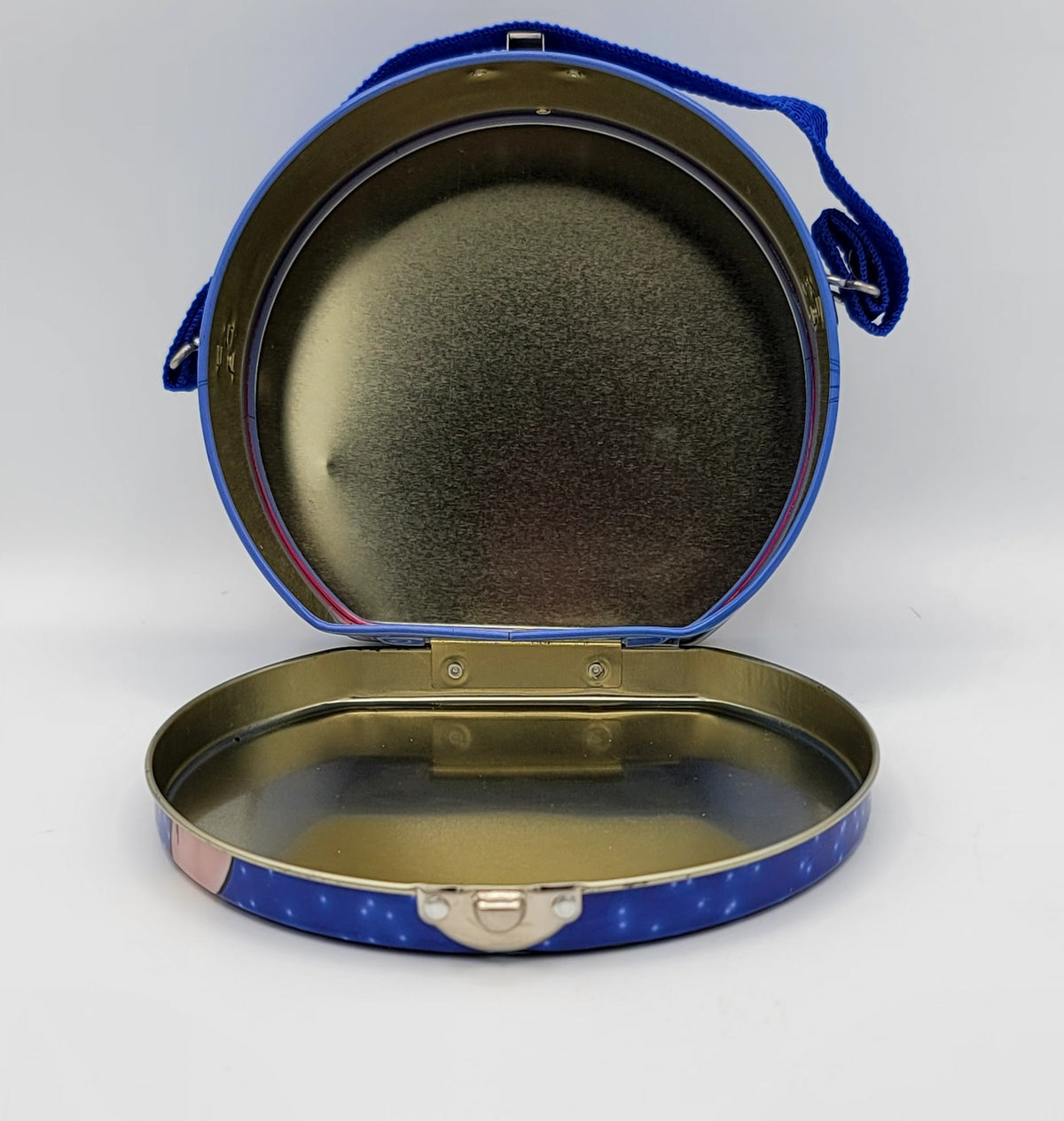 Wonder Woman round tin purse carry case with blue strap and comic-style DC superhero artwork