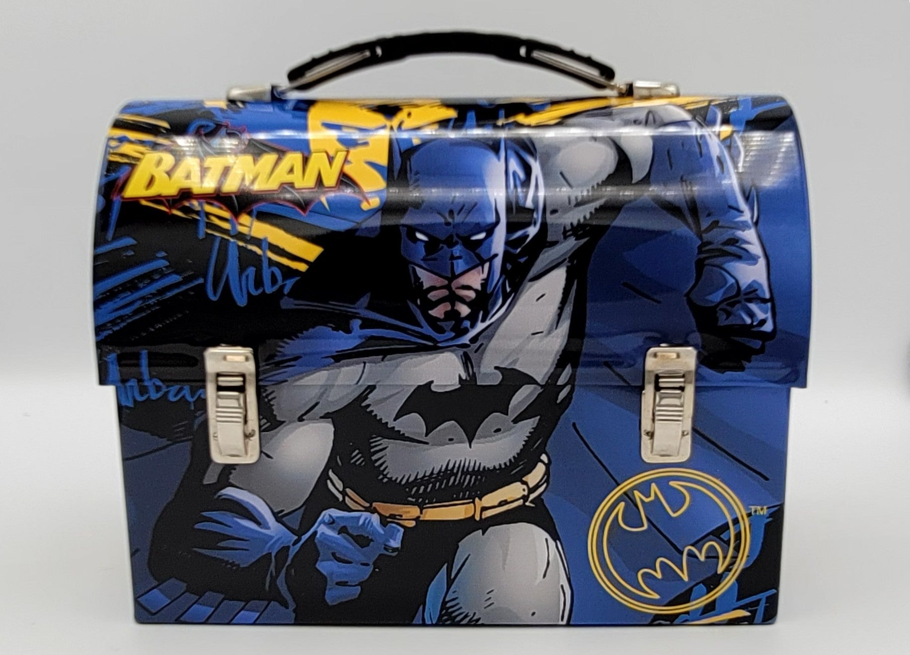 Batman Dark Knight Movie Blue Sky Charged / Gotham Urban Lightning Dome Metal Lunch Box, DC Comics Movie Collector Case, packaging view