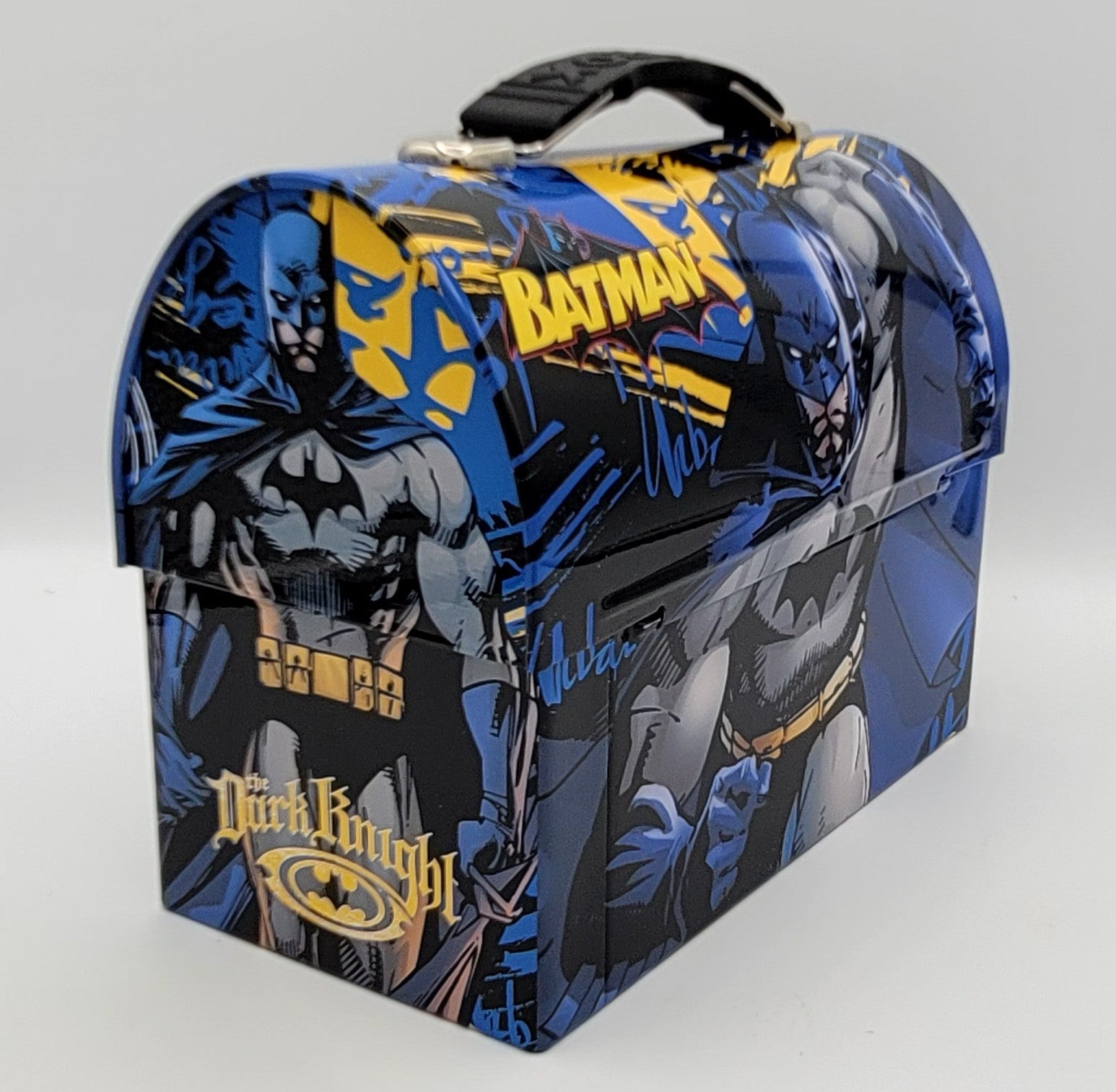 Batman Dark Knight Movie Blue Sky Charged / Gotham Urban Lightning Dome Metal Lunch Box, DC Comics Movie Collector Case, packaging view