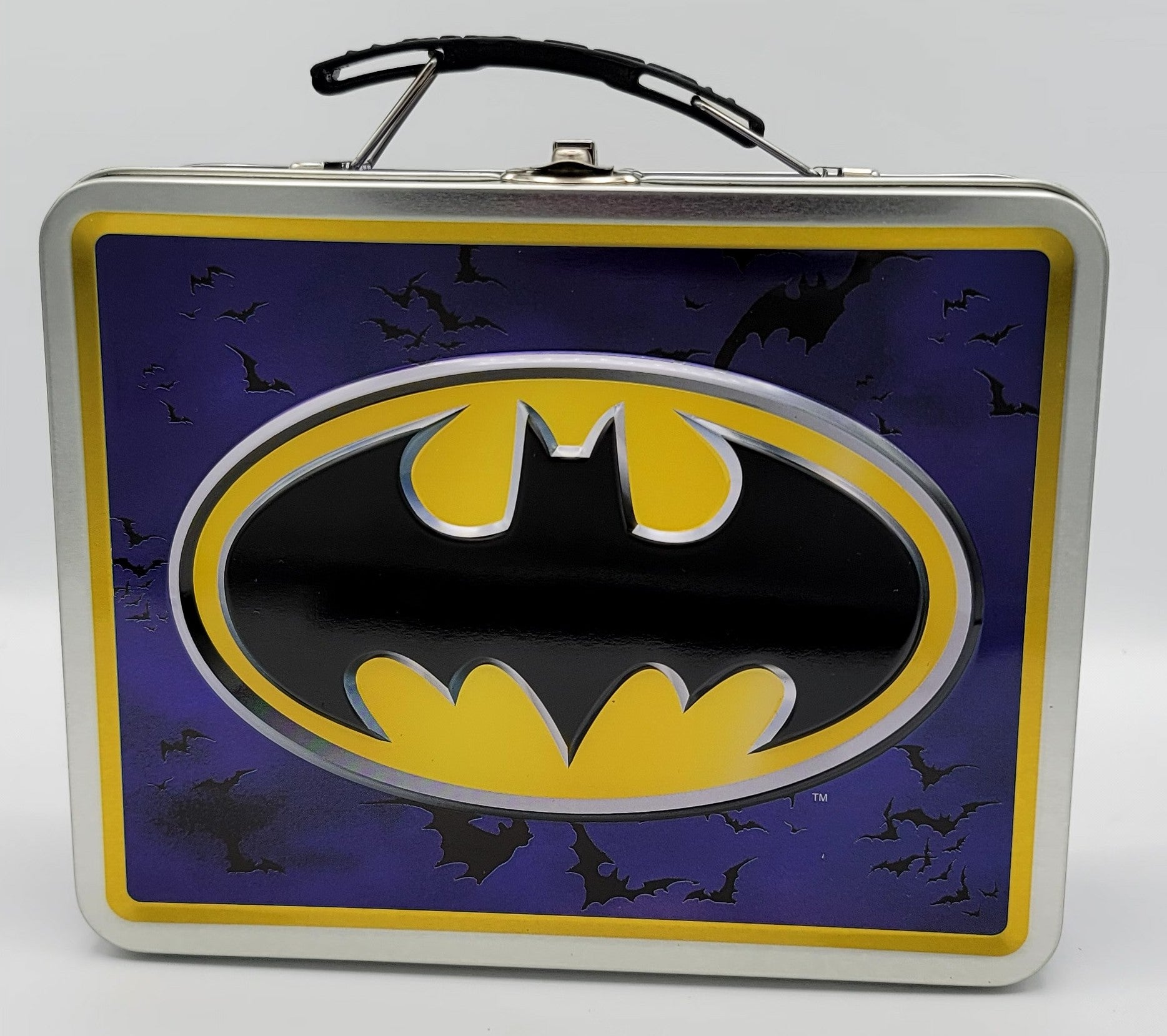 Batman 2006 Classic Oval Logo Embossed Square Metal Lunch Box, DC Comics Bat-Signal Collector Carry Case, packaging view