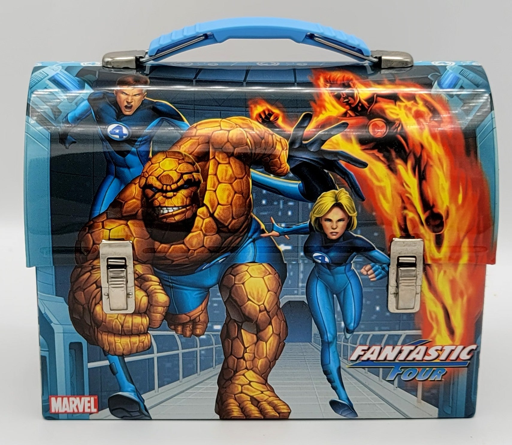 Fantastic Four 2005 Corridor Sprint Dome Metal Lunch Box, Marvel Movie Collector Carry Case, packaging view