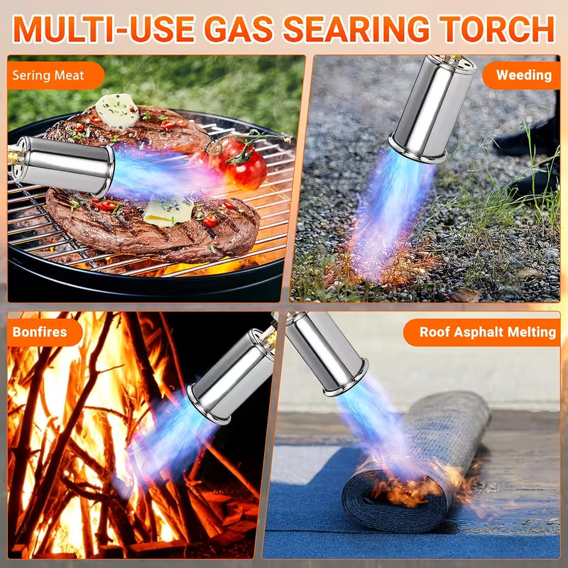 A 4-panel product demonstration graphic for a multi-use gas searing torch. The panels show the torch being used to sear meat on a grill, weed cut grass outdoors, burn a bonfire, and melt roofing asphalt.