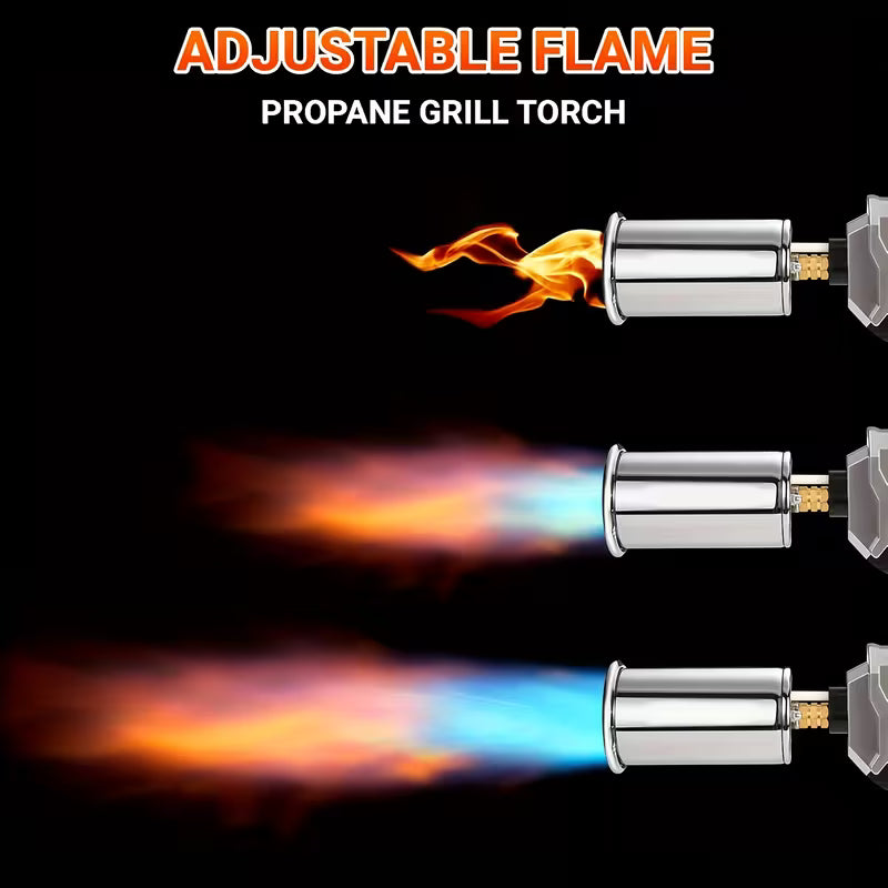 Propane grill torch with adjustable flame on a black background