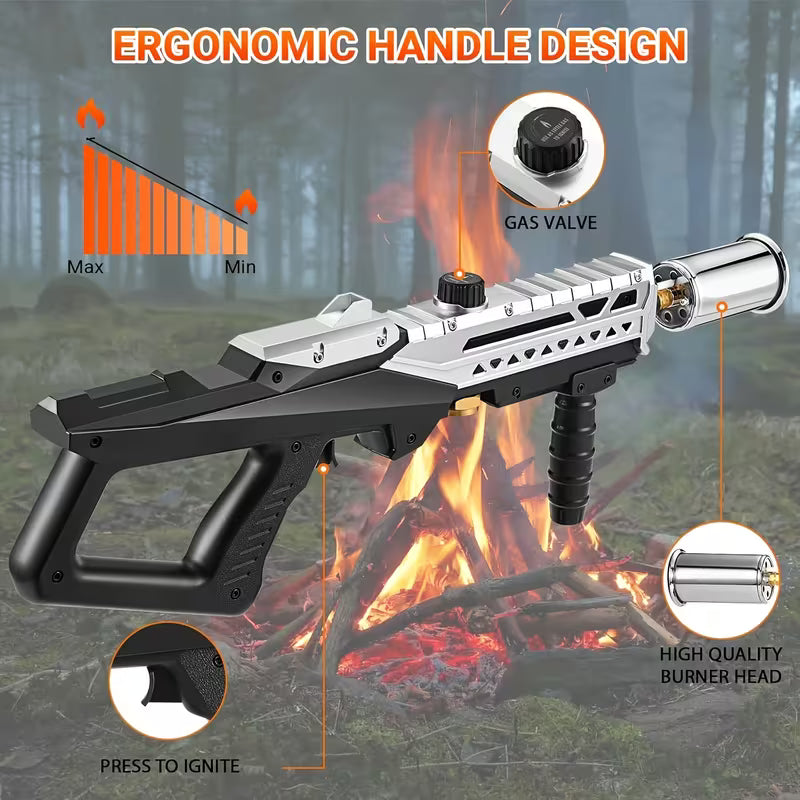 Campfire ignition tool with ergonomic handle design, gas valve, and high-quality burner head on a forest background.