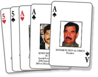 A fan of playing cards showing face-up cards including 5 of hearts, 5 of spades, Ace of hearts, and Ace of clubs, each with a portrait photo and printed text on a white card design.