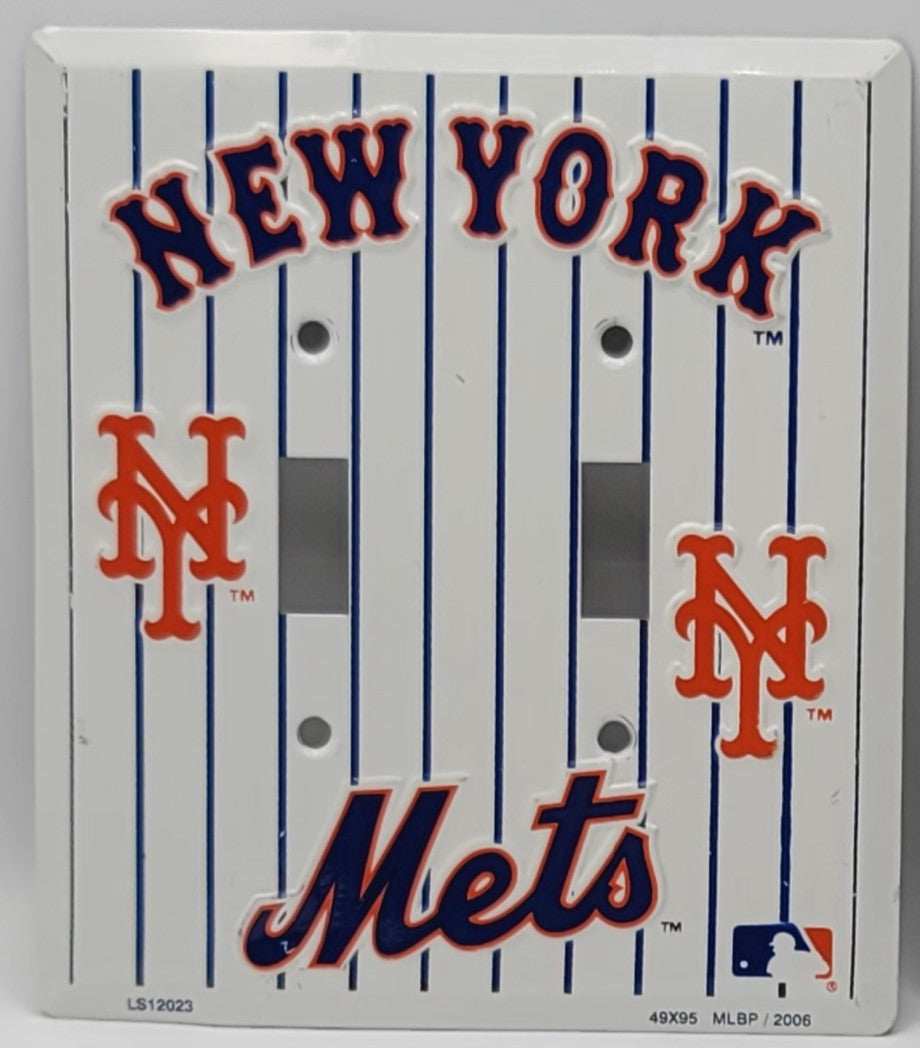 New York Mets double-gang light switch plate featuring the team's pinstripe design with 'NEW YORK' at the top, two orange 'NY' logos, 'Mets' script at the bottom, and an MLB logo in the lower right corner.