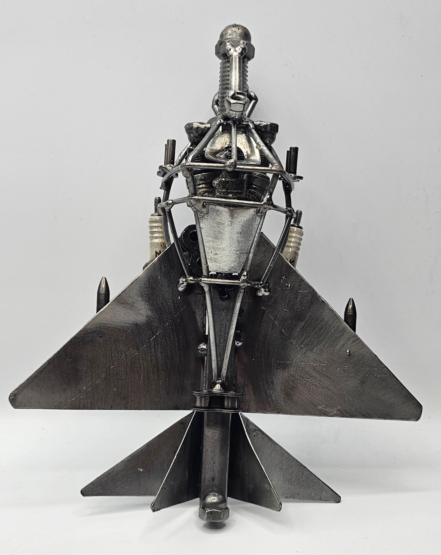 MIG-21 Fishbed spark plug metal art fighter jet, handmade aviation sculpture alternate view